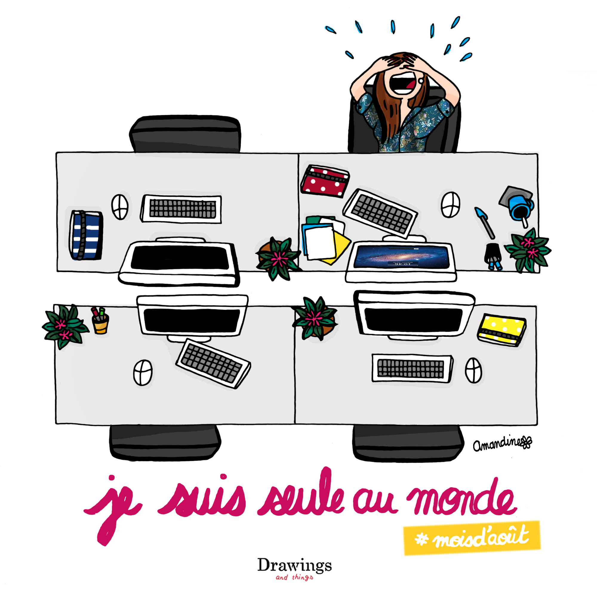 Seule au monde dans les bureaux. Au travail. Dessin by Drawings and things