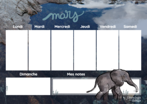 Téléchargez un Semainier - Animal Elephant - Mars - Drawingsandthings