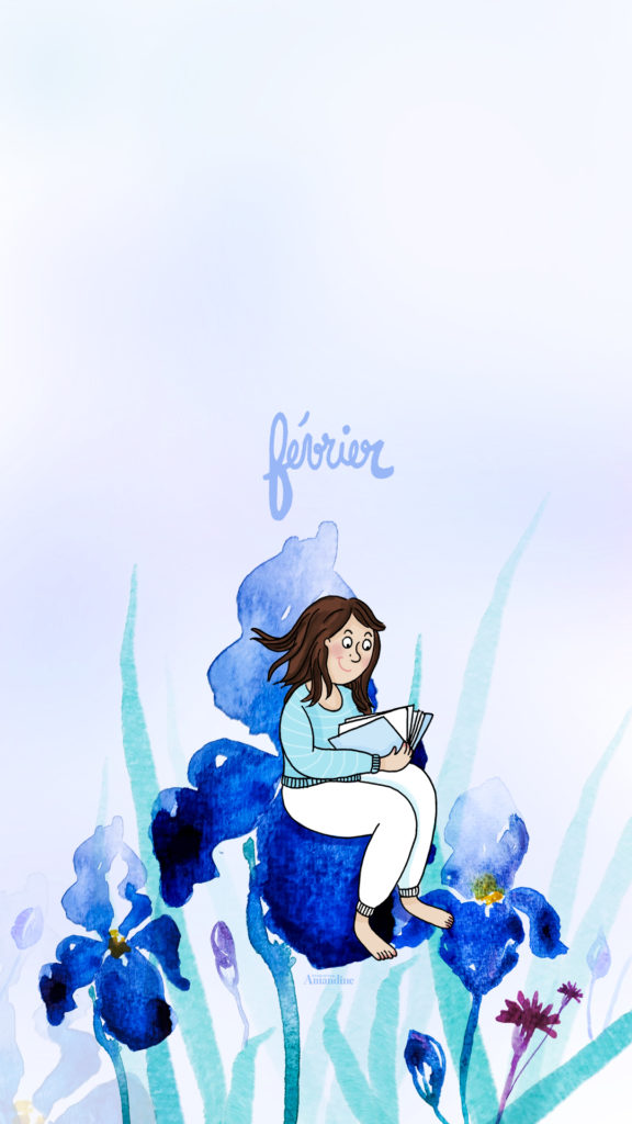 Le fond d'écran du mois de février est disponible gratuitement sur le blog de Drawings and things • Des iris à l'aquarelle sur des tons violets, bleus et rose