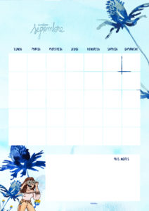 Calendrier à télécharger gratuitement, avec un design aquarelle et des teintes bleues, pour organiser votre mois avec style.
