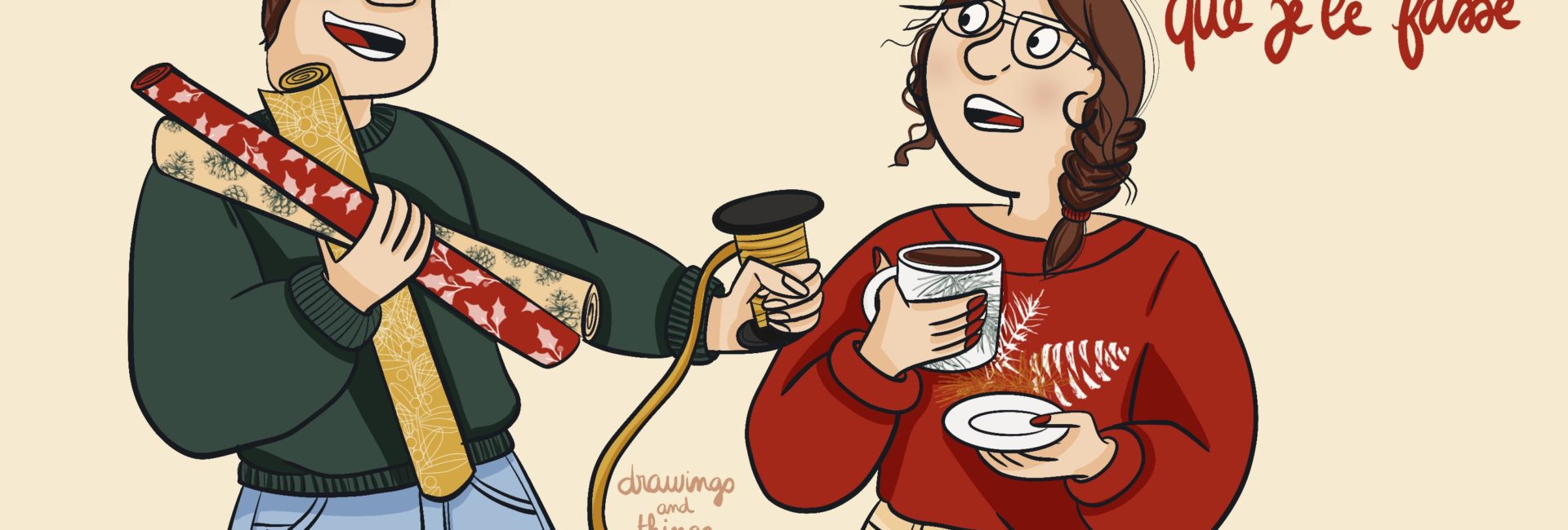 Illustration humoristique de couple qui emballe ses cadeaux de Noël