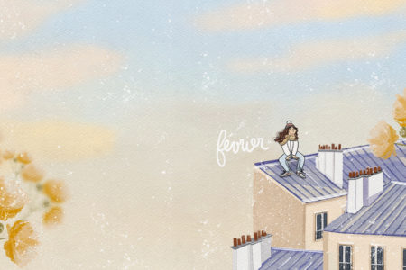 Fond d'écran pour ordinateur représentant les toits de Paris sous un ciel hivernal avec des couleurs douces de l’aube.