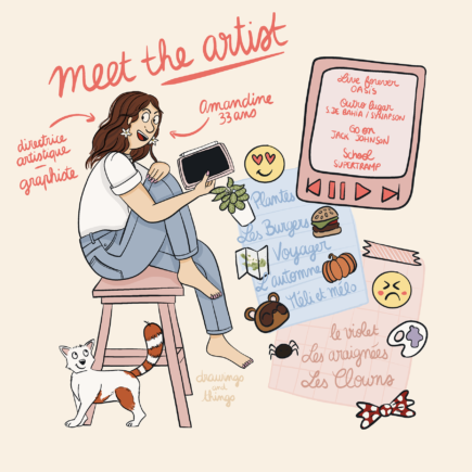 Création d'une illustration qui me présente : Je suis une illustratrice et graphiste, passionnée de musique, plantes, de l'automne, des burgers... Pensais-tu me connaitre ?