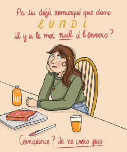 Illustration humoristique : le mot 'lundi' écrit en grand, avec le mot 'nul' apparaissant en surbrillance lorsqu'on le lit à l'envers.