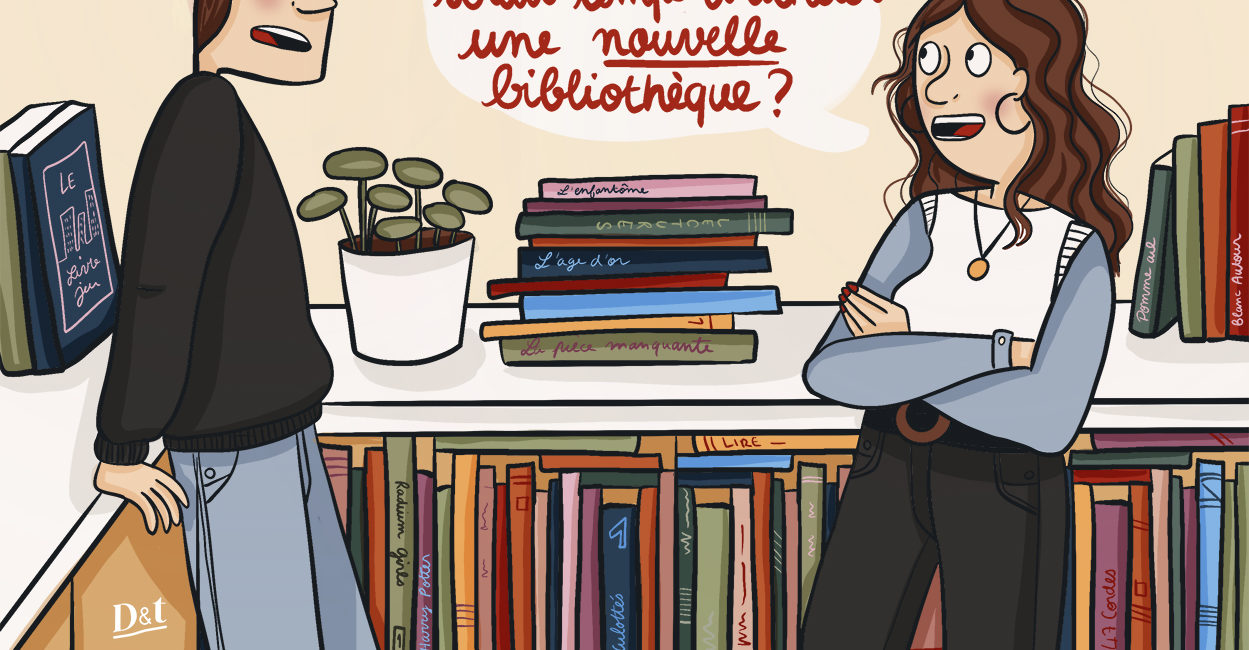 Illustration humoristique : un homme et une femme se disputent devant une bibliothèque pleine de livres, l'homme suggère d'acheter moins de livres, la femme propose d'acheter une nouvelle bibliothèque.