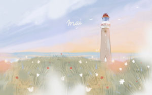 Fond d’écran – Ordinateur : Vue panoramique de bord de mer avec phare Une bouffée d’air salin sur votre bureau. Ce paysage imaginé au fil de mes souvenirs mêle ciel changeant, mer calme et phare silencieux. Pour travailler l’esprit léger, comme un souffle venu du large. 🌬️🖥️