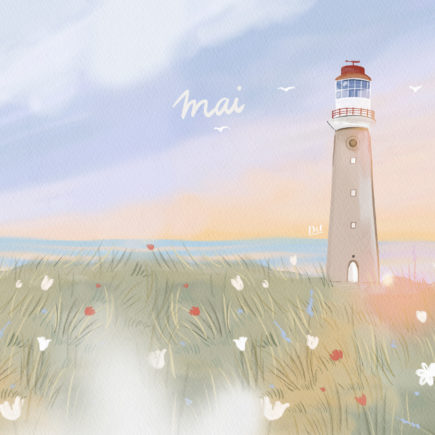 Fond d’écran – Ordinateur : Vue panoramique de bord de mer avec phare Une bouffée d’air salin sur votre bureau. Ce paysage imaginé au fil de mes souvenirs mêle ciel changeant, mer calme et phare silencieux. Pour travailler l’esprit léger, comme un souffle venu du large. 🌬️🖥️