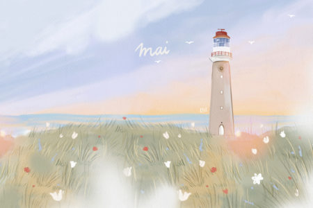 Fond d’écran – Ordinateur : Vue panoramique de bord de mer avec phare Une bouffée d’air salin sur votre bureau. Ce paysage imaginé au fil de mes souvenirs mêle ciel changeant, mer calme et phare silencieux. Pour travailler l’esprit léger, comme un souffle venu du large. 🌬️🖥️