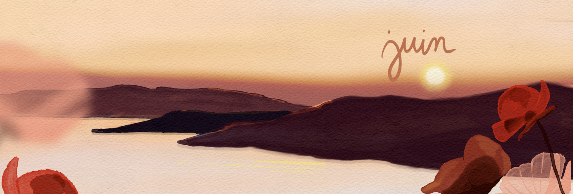 Illustration en format paysage pour écran d’ordinateur, représentant un coucher de soleil sur la mer, des fleurs rouges et une ambiance paisible inspirée par la mer