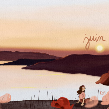 Illustration en format paysage pour écran d’ordinateur, représentant un coucher de soleil sur la mer, des fleurs rouges et une ambiance paisible inspirée par la mer