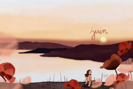 Illustration en format paysage pour écran d’ordinateur, représentant un coucher de soleil sur la mer, des fleurs rouges et une ambiance paisible inspirée par la mer