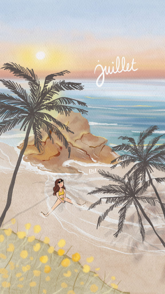 Illustration en format portrait pour écran de téléphone, représentant un lever de soleil sur la mer, des palmiers, et inspiré par les Cinque Terre en italie !