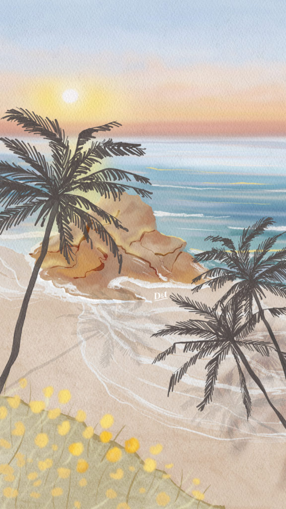 Illustration en format portrait pour écran de téléphone, représentant un lever de soleil sur la mer, des palmiers, et inspiré par les Cinque Terre en italie !