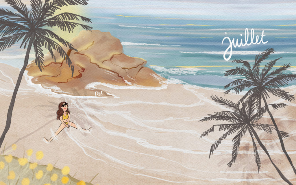 Illustration en format paysage pour écran d’ordinateur, représentant un lever de soleil sur la mer, des palmiers, et inspiré par les Cinque Terre en italie !