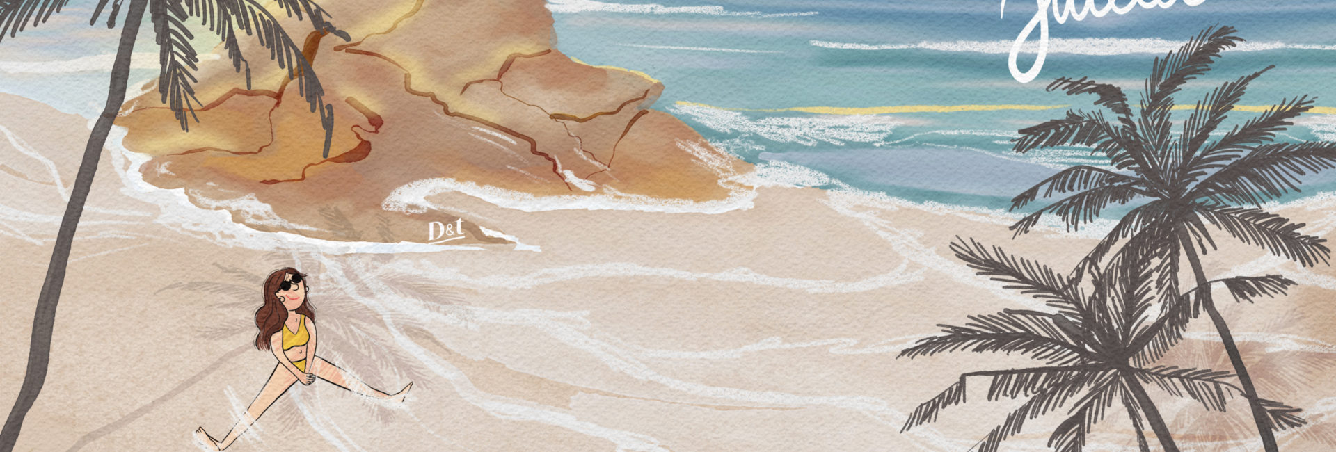 Illustration en format portrait pour écran de téléphone, représentant un coucher de soleil sur la mer, des fleurs jaunes et une ambiance paisible inspirée par la mer, en Italie