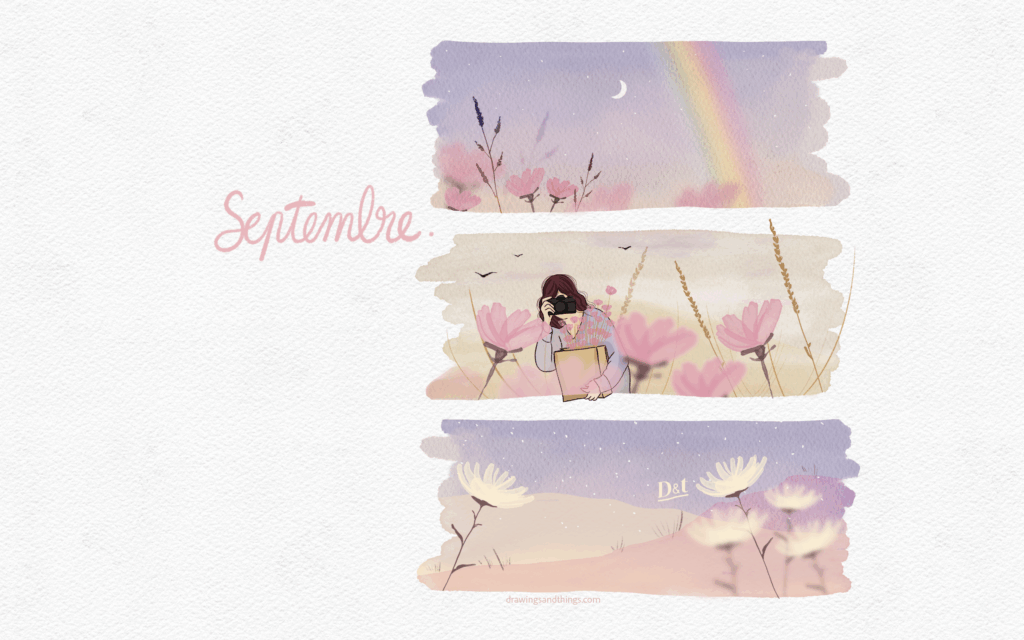 Illustration pour un fond d'écran d'ordinateur, représentant un coucher de soleil rose, dans la campagne, idéal pour le mois de septembre avec le mois écrit et une jolie illustration