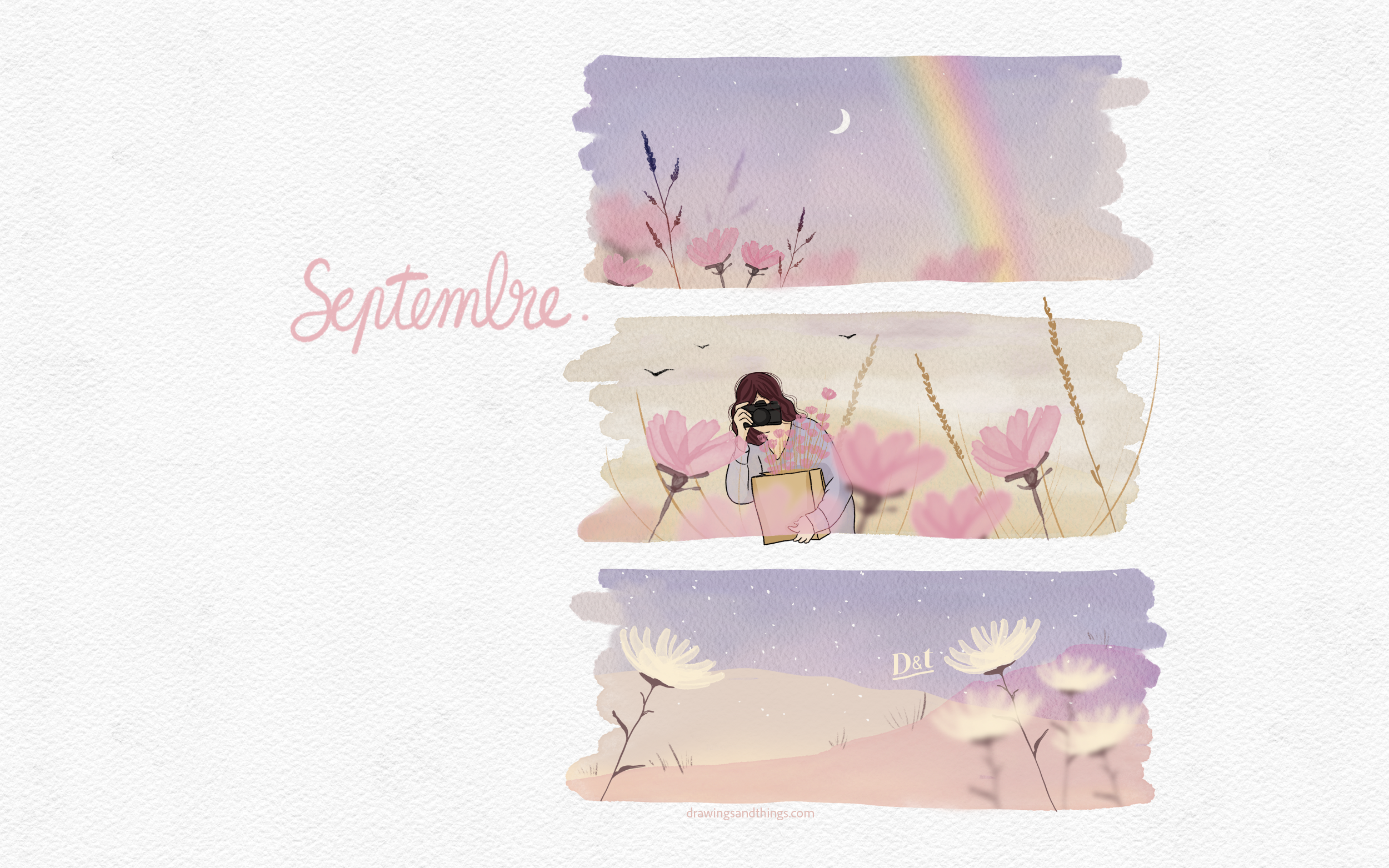Illustration pour un fond d'écran d'ordinateur, représentant un coucher de soleil rose, dans la campagne, idéal pour le mois de septembre avec le mois écrit et une jolie illustration