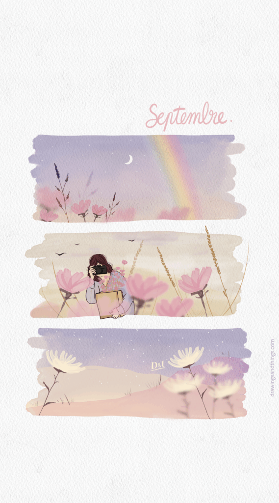 Illustration en format portrait pour écran de téléphone, représentant un coucher de soleil rose, dans la campagne, idéal pour le mois de septembre avec le mois écrit et une jolie illustration