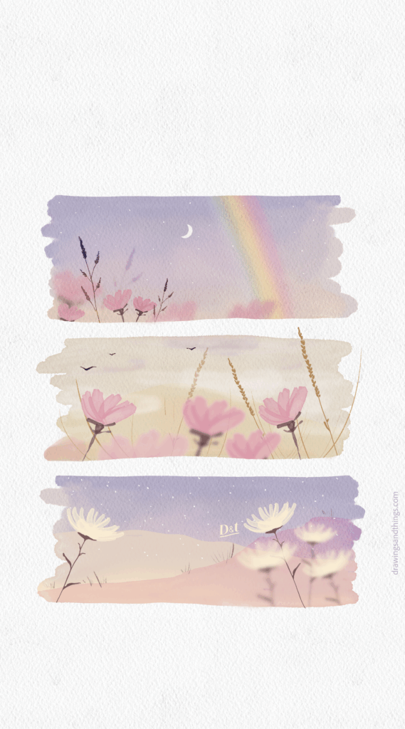 Illustration en format portrait pour écran de téléphone, représentant un coucher de soleil rose, dans la campagne, idéal pour le mois de septembre