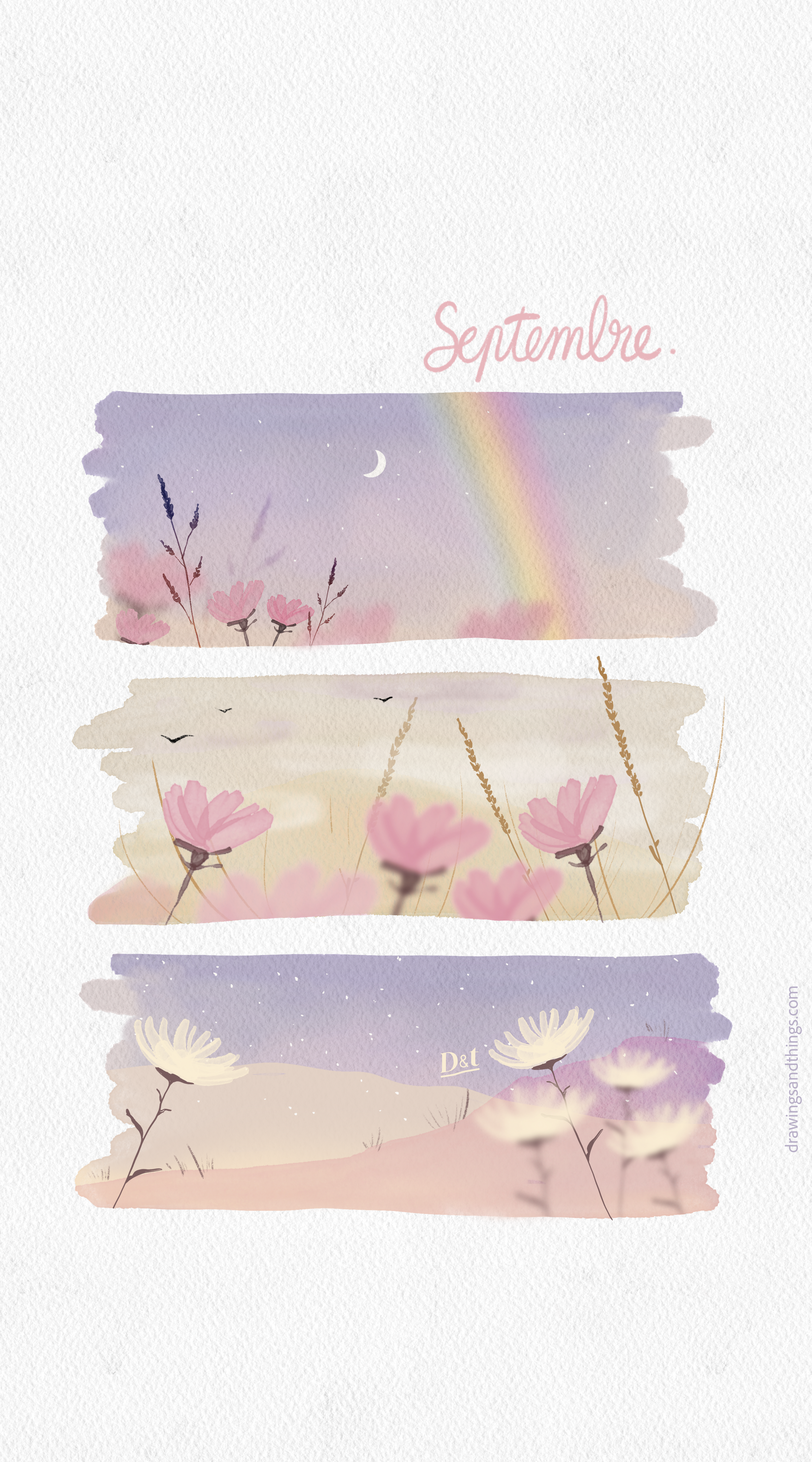 Illustration en format portrait pour écran de téléphone, représentant un coucher de soleil rose, dans la campagne, idéal pour le mois de septembre avec le mois écrit