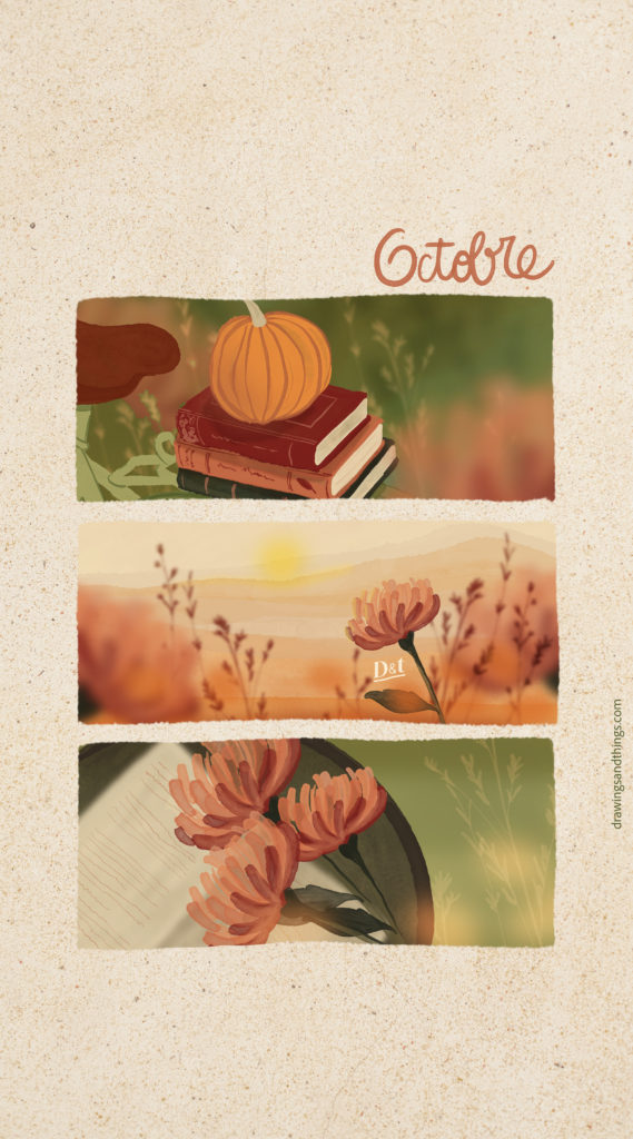 Illustration en format portrait pour écran de téléphone, représentant un lever de soleil, des dahlias et des livres illustrés sur Procreate.