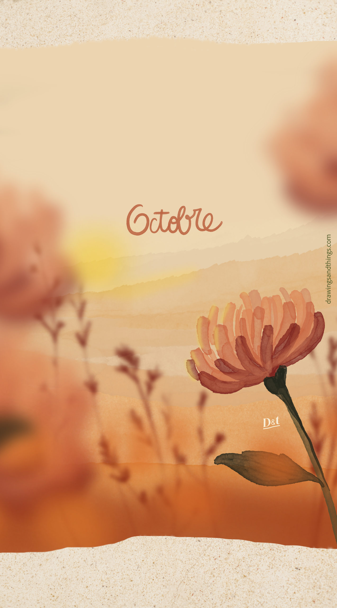 Illustration en format portrait pour écran de téléphone, représentant un lever de soleil, des dahlias et des livres illustrés sur Procreate.