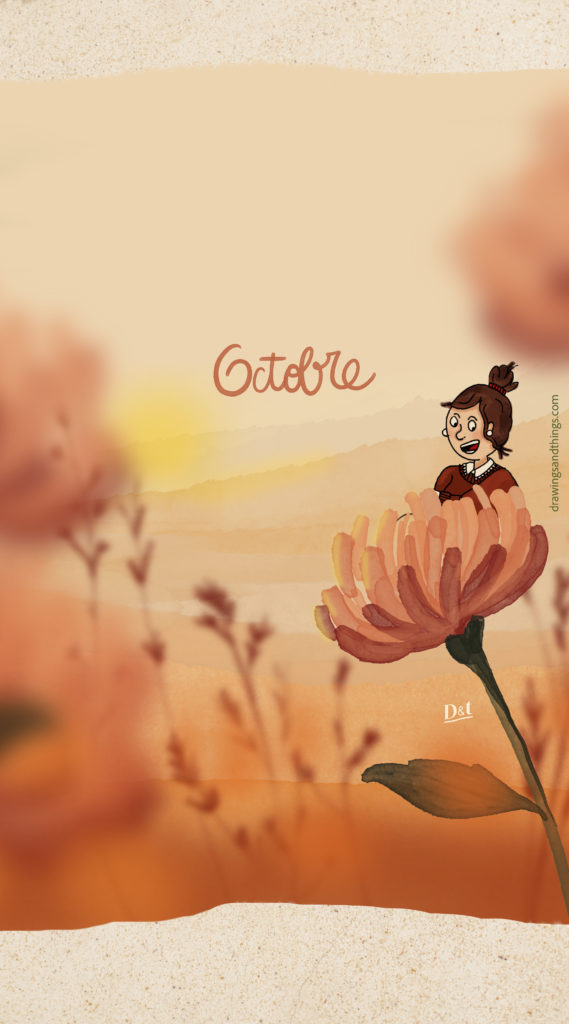 Illustration en format portrait pour écran de téléphone, représentant un lever de soleil, des dahlias et des herbes des champs. illustrés sur Procreate, avec un