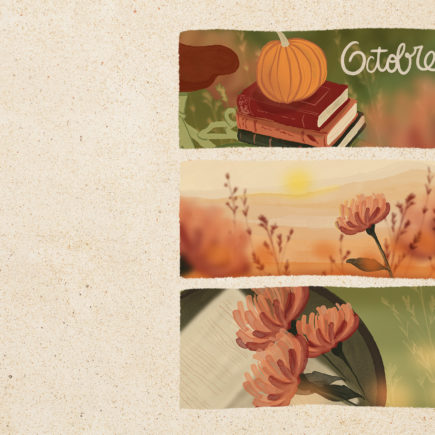 Illustration en format paysage pour écran d'ordinateur, représentant un lever de soleil, des dahlias et des herbes des champs. illustrés sur Procreate,