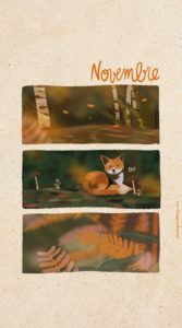 Illustration en format portrait pour écran de téléphone, représentant un renard à l'automne. Quelques feuilles d'automne. Illustrés sur Procreate par Drawings And Things