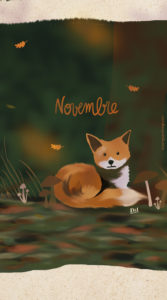 Illustration en format portrait pour écran de téléphone, représentant un renard à l'automne. Illustrés sur Procreate par Drawings And Things