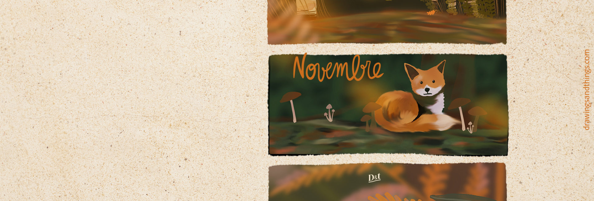 Illustration en format paysage pour écran d'ordinateur, représentant un bois en automne, avec un renard. illustrés sur Procreate,