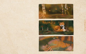 Illustration en format paysage pour écran d'ordinateur, représentant un bois en automne, avec un renard. illustrés sur Procreate,