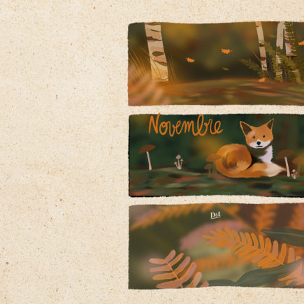 Illustration en format paysage pour écran d'ordinateur, représentant un bois en automne, avec un renard. illustrés sur Procreate,