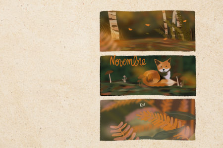 Illustration en format paysage pour écran d'ordinateur, représentant un bois en automne, avec un renard. illustrés sur Procreate,