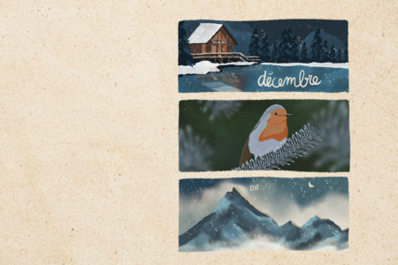 Illustration en format portrait pour un écran d'ordinateur, représentant un chalet au bord d'un lac. Illustré sur Procreate par Drawings And Things