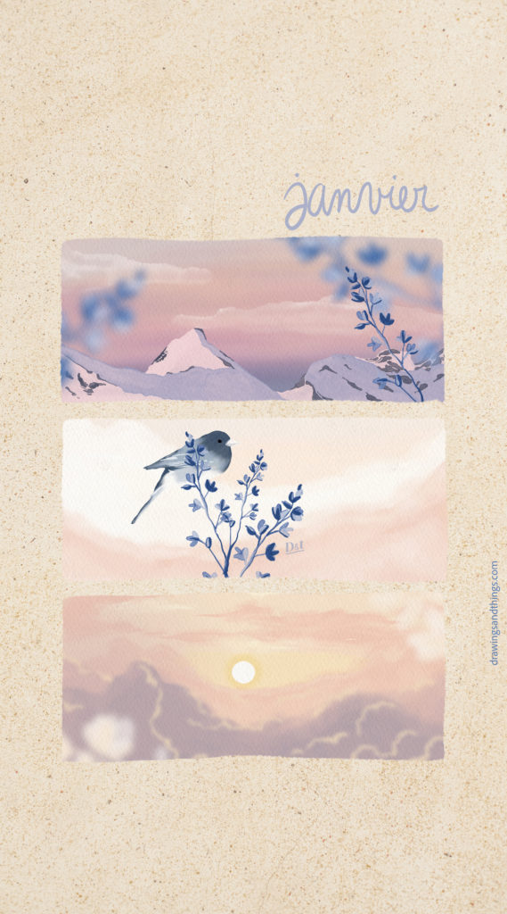 Illustration en format portrait pour écran de téléphone, représentant une série d'illustrations sur la montagne. Illustré sur Procreate par Drawings And Things