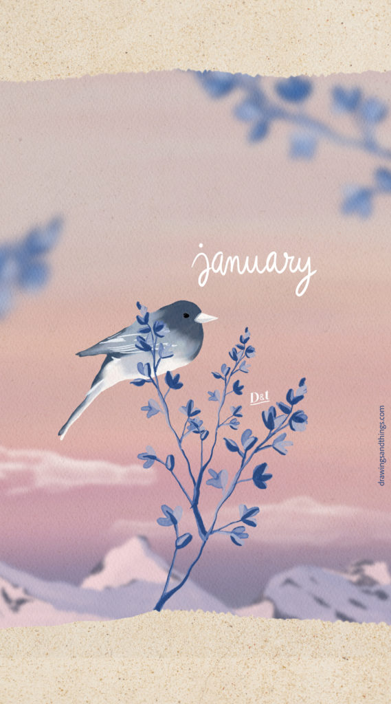 Illustration en format portrait pour écran de téléphone, représentant un petit oiseau sur une branche à la montagne. Illustré sur Procreate par Drawings And Things - Version Anglaise