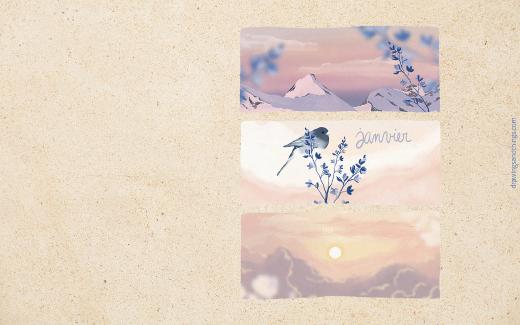 Illustration en format paysage pour écran de votre ordinateur, représentant une série d'illustrations sur la montagne. Illustré sur Procreate par Drawings And Things.