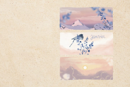 Illustration en format paysage pour écran de votre ordinateur, représentant une série d'illustrations sur la montagne. Illustré sur Procreate par Drawings And Things.