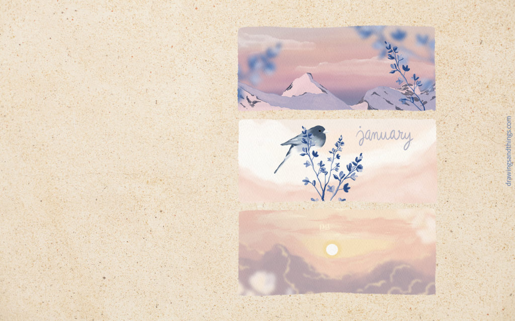 Illustration en format paysage pour écran de votre ordinateur, représentant une série d'illustrations sur la montagne. Illustré sur Procreate par Drawings And Things. Version anglaise.