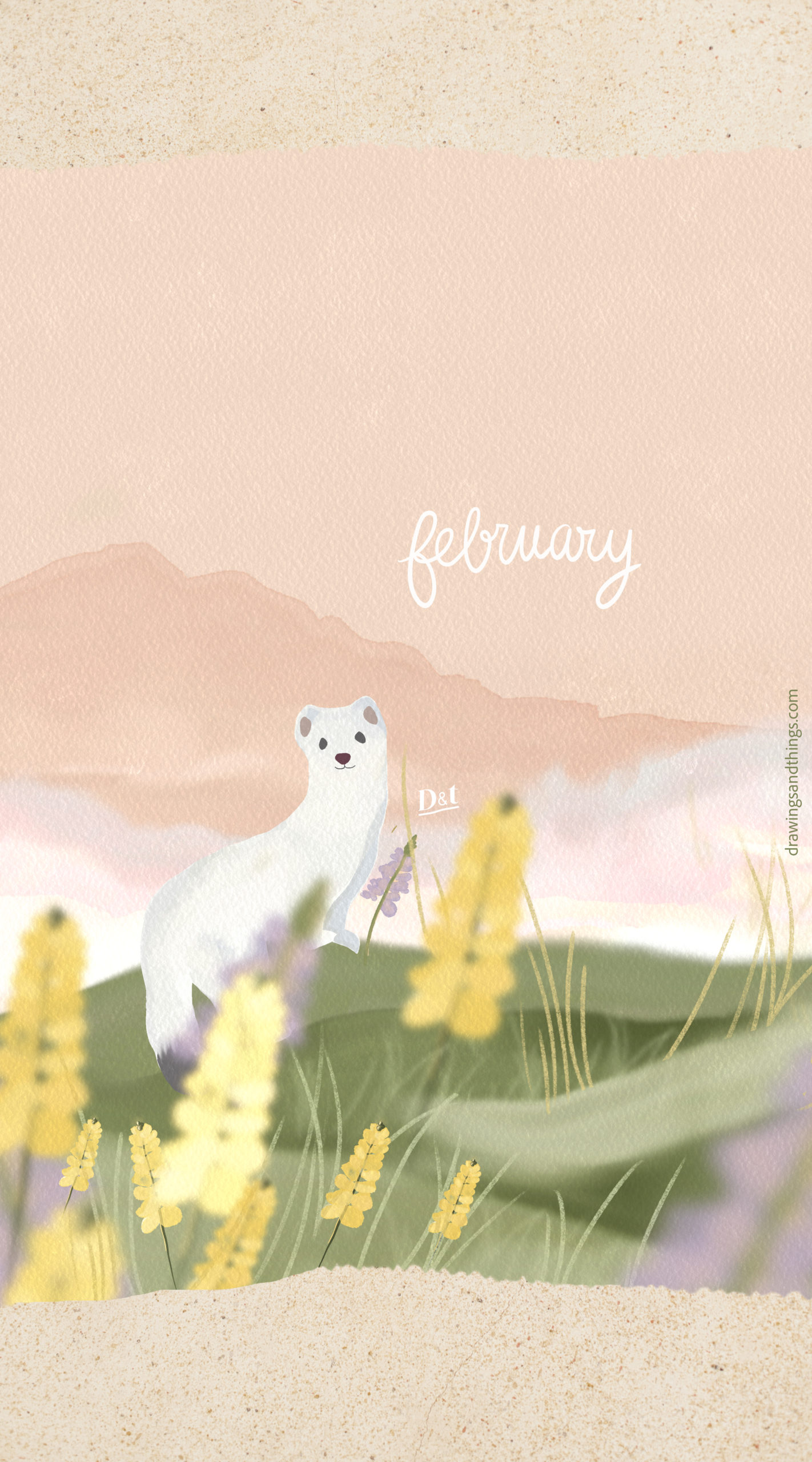 Illustration en format portrait pour écran de téléphone, représentant une hermine à la montagne avec les premières fleurs jaunes. Illustré sur Procreate par Drawings And Things - Version Anglaise