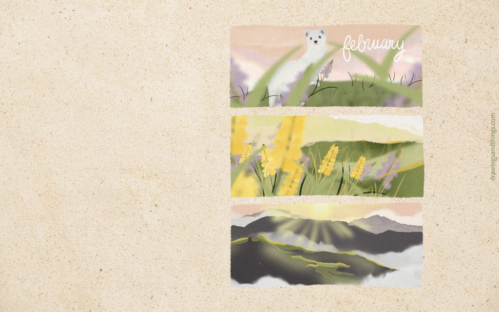 Illustration en format paysage pour écran de votre ordinateur, représentant une série d'illustrations sur la montagne, les fleurs jaunes et une hermine. Illustré sur Procreate par Drawings And Things.