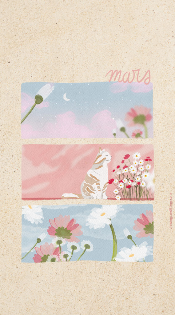 Illustration en format portrait pour écran de téléphone, représentant une série d'illustrations autour du chat, des fleurs et du printemps. Illustré sur Procreate par Drawings And Things