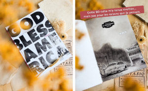 Couverture de God Bless America, roman graphique en noir et blanc, illustrant une scène sombre dans l’Amérique des années 50 avec une atmosphère de thriller et un fort contraste d’ombres et de lumières.