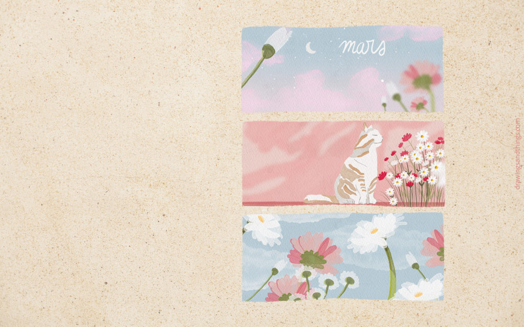 Illustration en format paysage pour écran de votre ordinateur, représentant une série d'illustrations sur le printemps, les fleurs et les félins. Illustré sur Procreate par Drawings And Things.