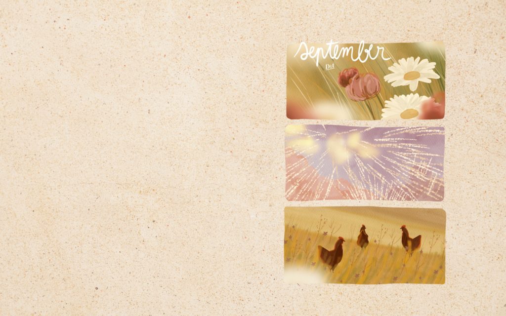Free landscape-format wallpaper for your computer screen, featuring a series of illustrations of september. Created in Procreate by Drawings And Things.