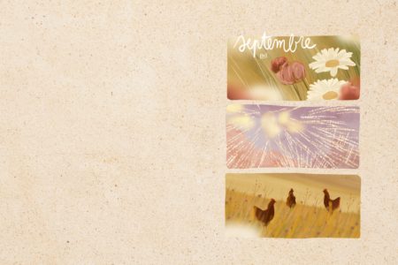 Free landscape-format wallpaper for your computer screen, featuring a series of illustrations of september. Created in Procreate by Drawings And Things.