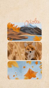 Illustration en format portrait pour écran de téléphone, représentant une série d'illustrations autour de la nature, du renard, et d'un lever de soleil. Illustré sur Procreate par Drawings And Things