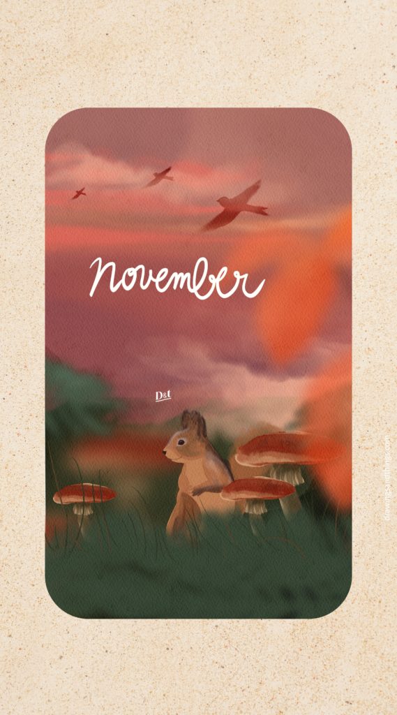 Fond d'écran gratuit en format portrait pour écran de votre téléphone, représentant une forêt avec un petit écureuil et des champignons, au coucher du soleil. Illustré sur Procreate par Drawings And Things