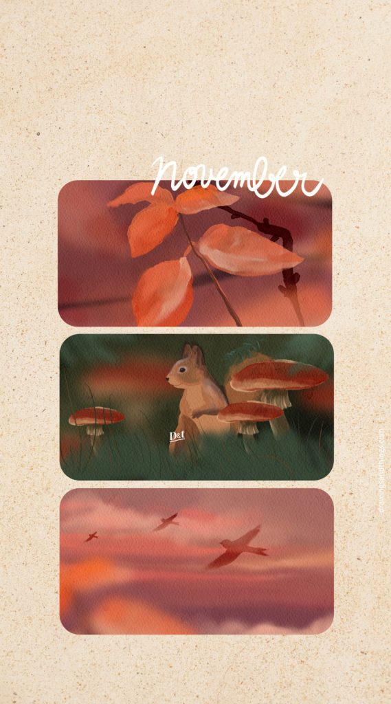 Fond d'écran gratuit en format portrait pour écran de votre téléphone, représentant une forêt avec un petit écureuil et des champignons, au coucher du soleil. Illustré sur Procreate par Drawings And Things